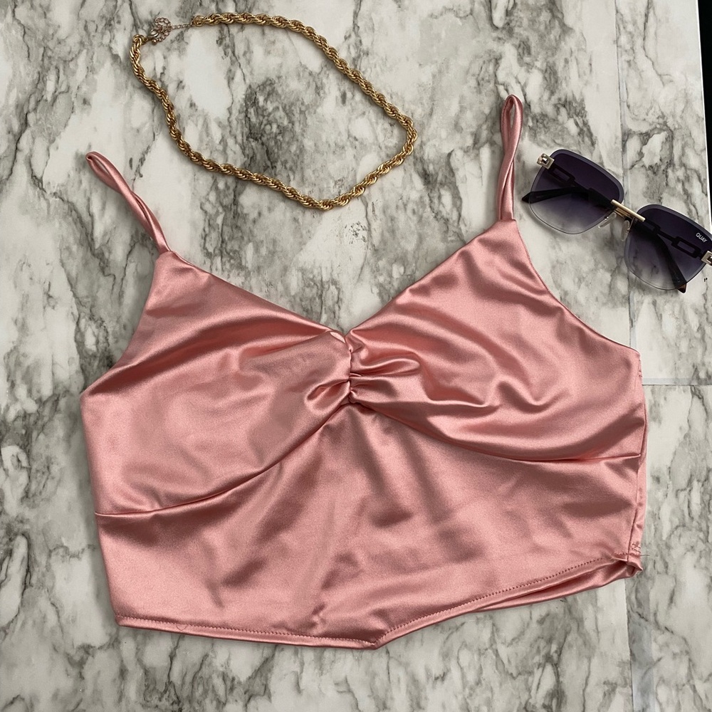 Satin Twist-Front Pink Crop Top